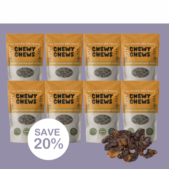 8x 100g Packs of Chompy Chicken Heart Bites